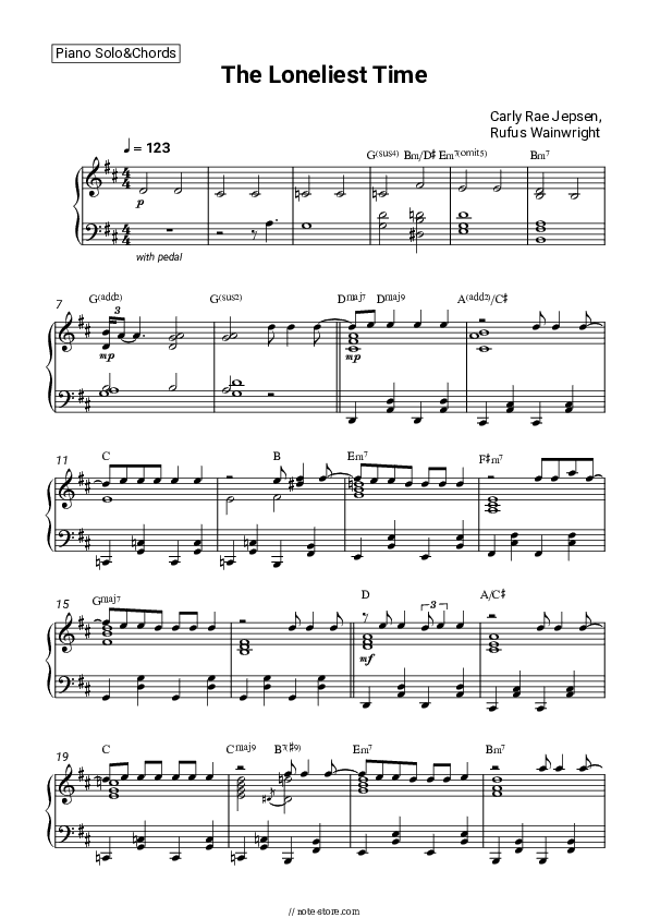 The Loneliest Time - Carly Rae Jepsen, Rufus Wainwright Piano Sheet Music and Chords - Piano.Solo&Chords