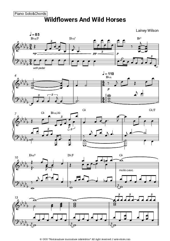 Wildflowers and Wild Horses - Lainey Wilson Piano Sheet Music and Chords - Piano.Solo&Chords