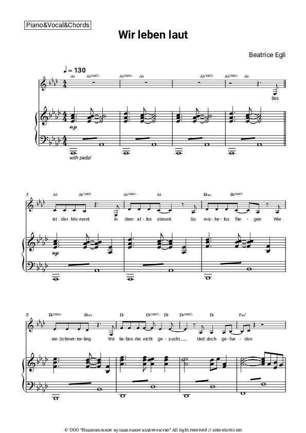 Wir leben laut - Beatrice Egli Piano Sheet Music with the Vocal and Chords - Piano&Vocal&Chords