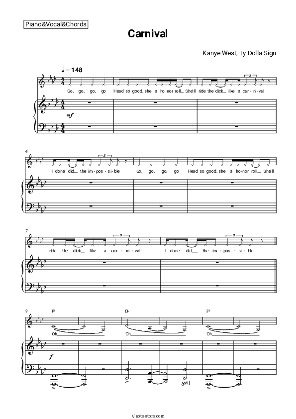 Carnival - Kanye West, Ty Dolla Sign Piano Sheet Music with the Vocal and Chords - Piano&Vocal&Chords