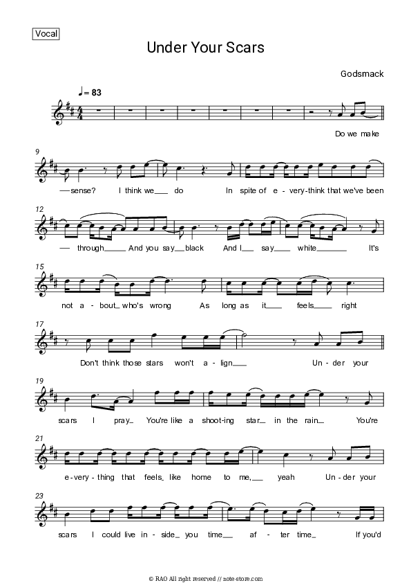 Under Your Scars - Godsmack Vocal Sheet Music - Vocal