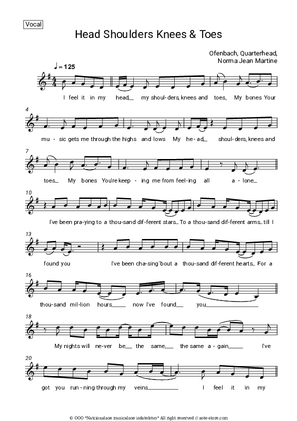 Head Shoulders Knees & Toes - Ofenbach, Quarterhead, Norma Jean Martine Vocal Sheet Music - Vocal