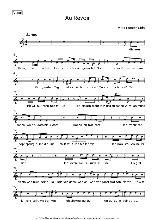 Au Revoir - Mark Forster, Sido Vocal Sheet Music - Vocal