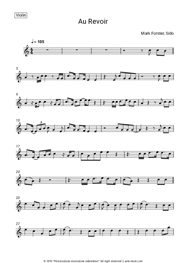 Au Revoir - Mark Forster, Sido Violin Sheet Music - Violin