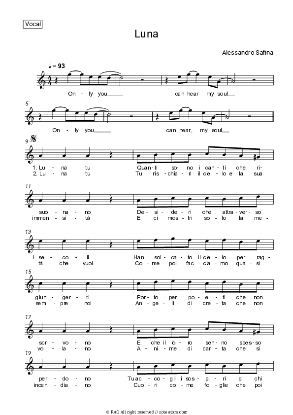 Luna - Alessandro Safina Vocal Sheet Music - Vocal