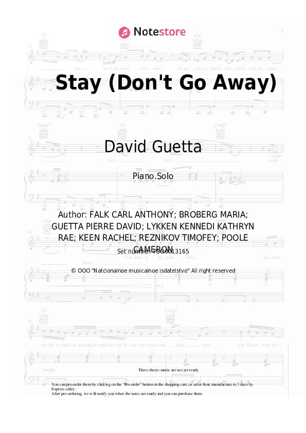 Stay (Don't Go Away) - David Guetta, Raye Piano Sheet Music - Piano.Solo