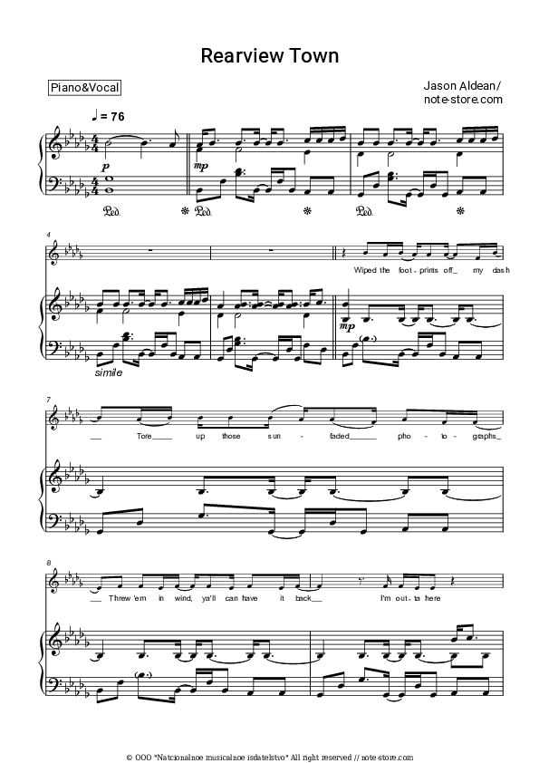 Rearview Town - Jason Aldean Piano Sheet Music with the Voice part - Piano&Vocal