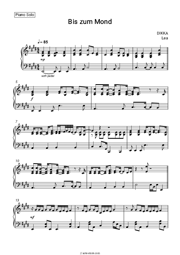 Bis zum Mond - DIKKA, LEA Piano Sheet Music - Piano.Solo