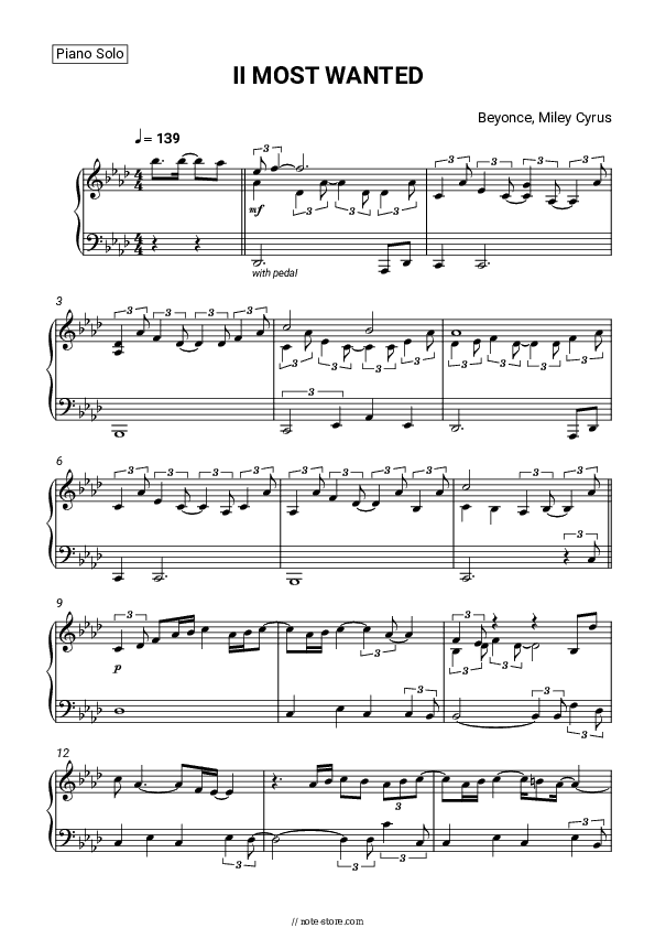 II MOST WANTED - Beyonce, Miley Cyrus Piano Sheet Music - Piano.Solo