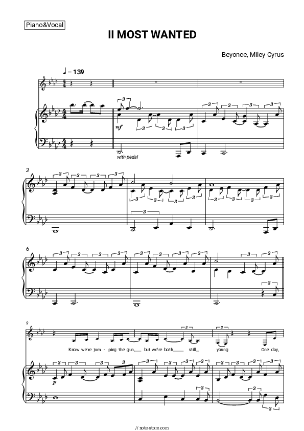 II MOST WANTED - Beyonce, Miley Cyrus Piano Sheet Music with the Voice part - Piano&Vocal