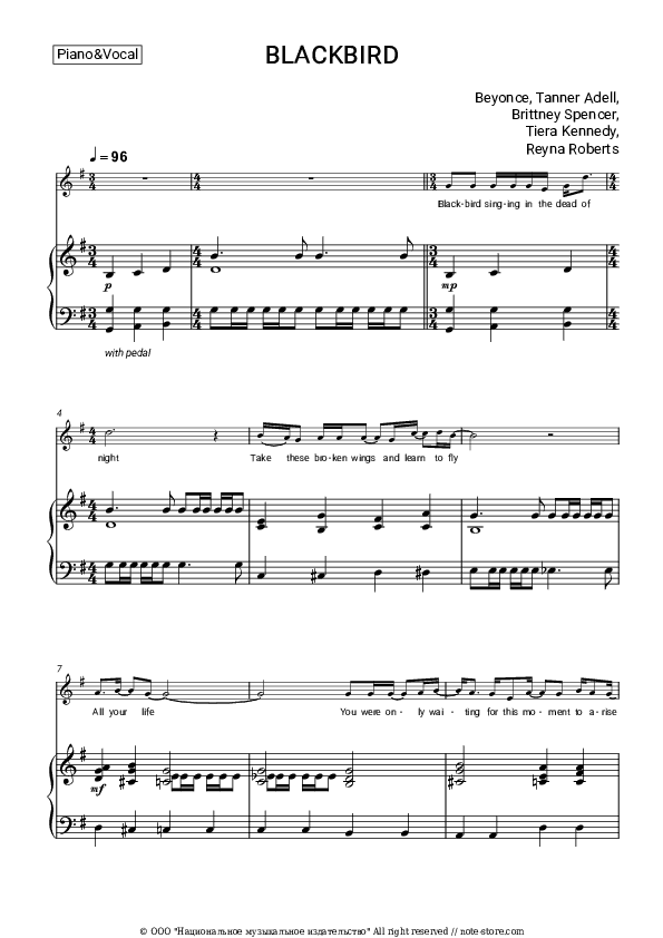 BLACKBIRD - Beyonce, Tanner Adell, Brittney Spencer, Tiera Kennedy, Reyna Roberts Piano Sheet Music with the Voice part - Piano&Vocal
