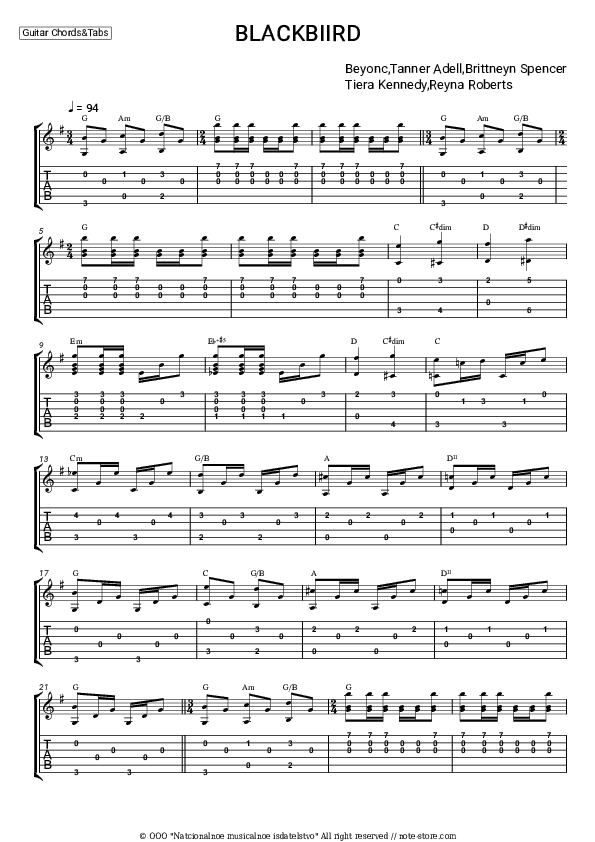 BLACKBIRD - Beyonce, Tanner Adell, Brittney Spencer, Tiera Kennedy, Reyna Roberts Chords and Tabs - Guitar.Chords&Tabs