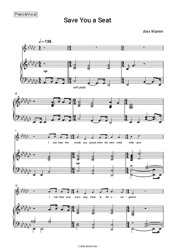 Save You a Seat - Alex Warren Piano Sheet Music with the Voice part - Piano&Vocal