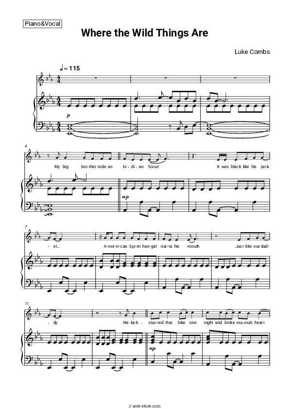 Where the Wild Things Are - Luke Combs Piano Sheet Music with the Voice part - Piano&Vocal