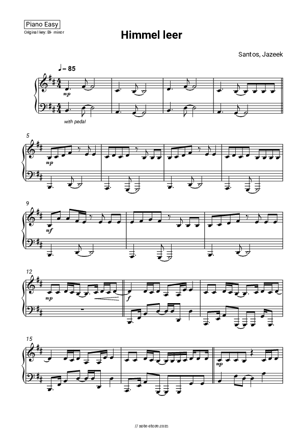 Himmel leer - Santos, Jazeek Piano Sheet Music Easy - Piano.Easy