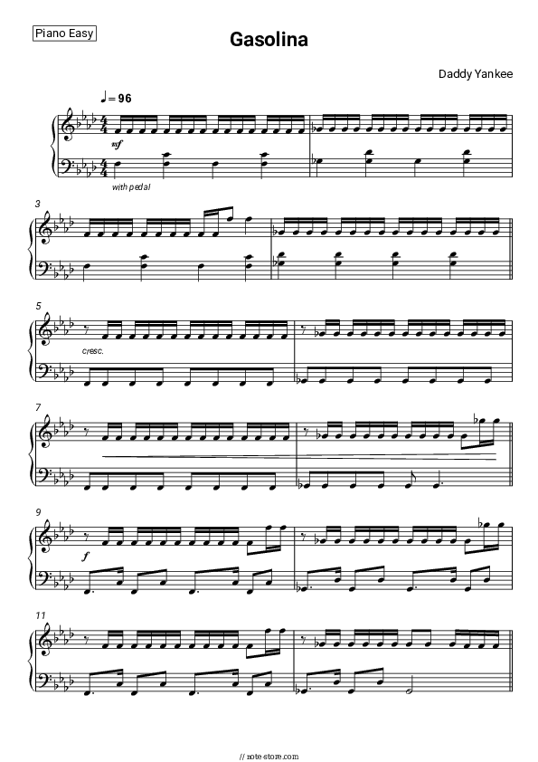 Gasolina - Daddy Yankee Piano Sheet Music Easy - Piano.Easy