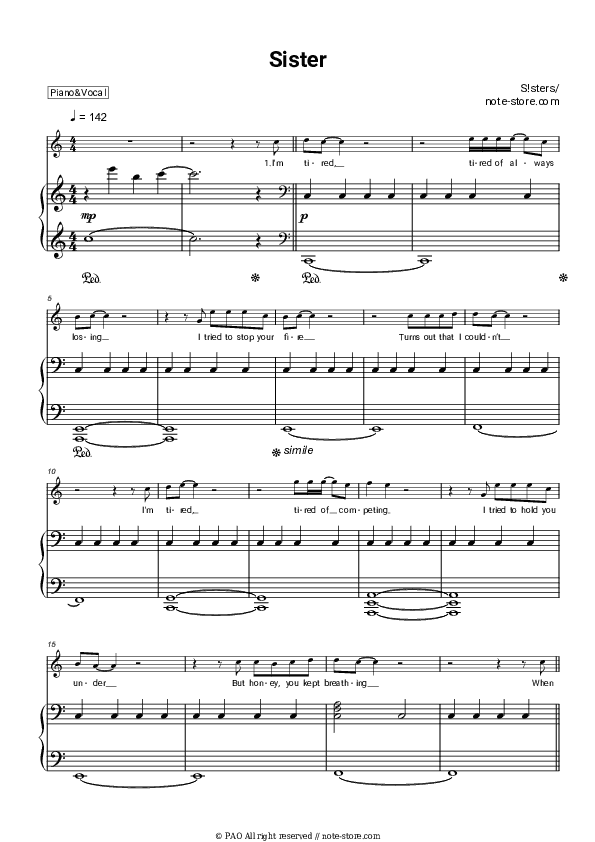 Sister - S!sters Piano Sheet Music with the Voice part - Piano&Vocal