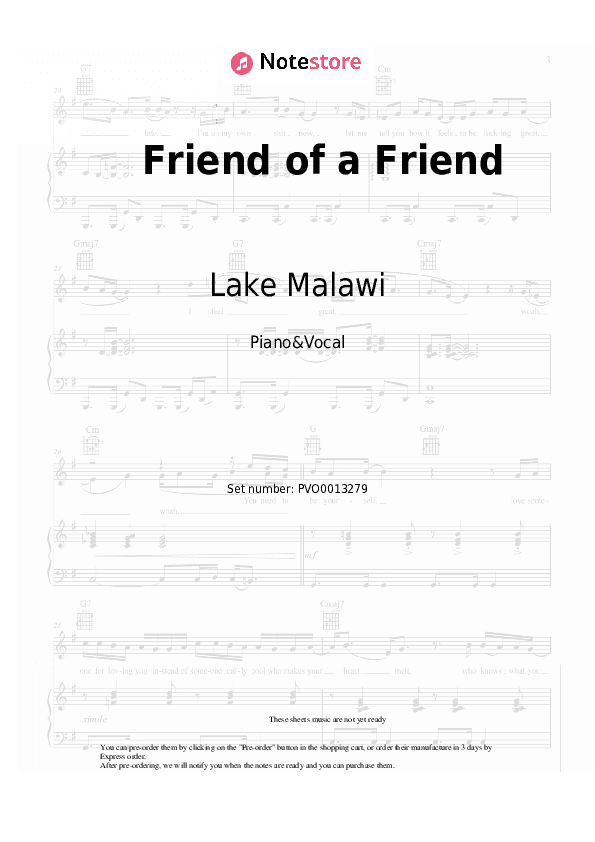 Friend of a Friend - Lake Malawi Piano Sheet Music with the Voice part - Piano&Vocal