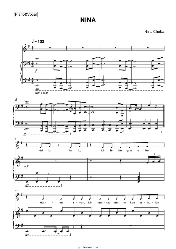 NINA - Nina Chuba Piano Sheet Music with the Voice part - Piano&Vocal