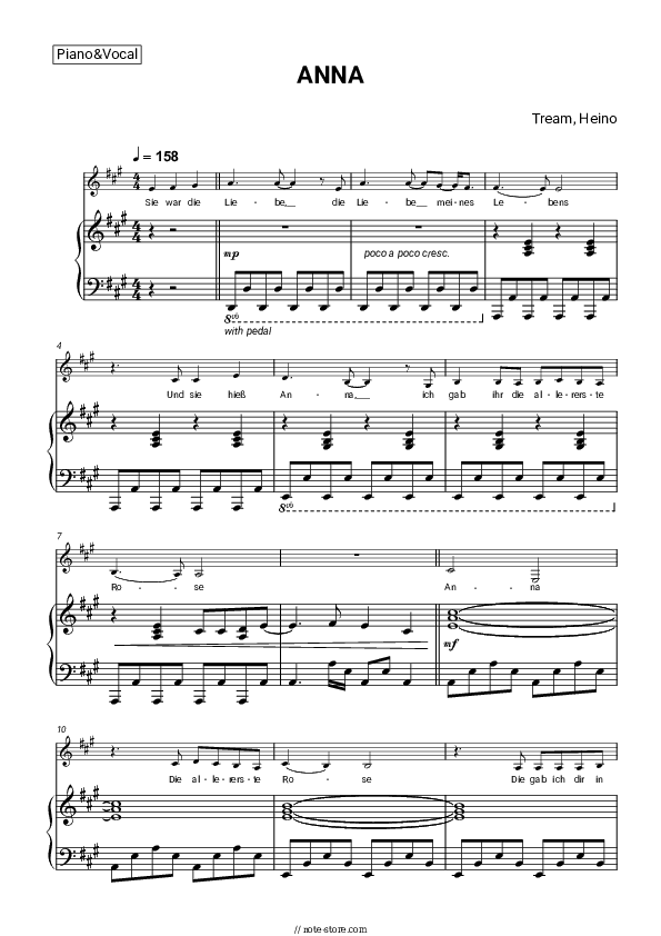 ANNA - Tream, Heino Piano Sheet Music with the Voice part - Piano&Vocal