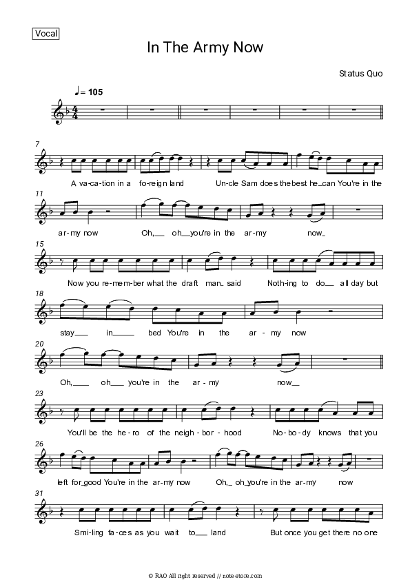 In The Army Now - Status Quo Vocal Sheet Music - Vocal