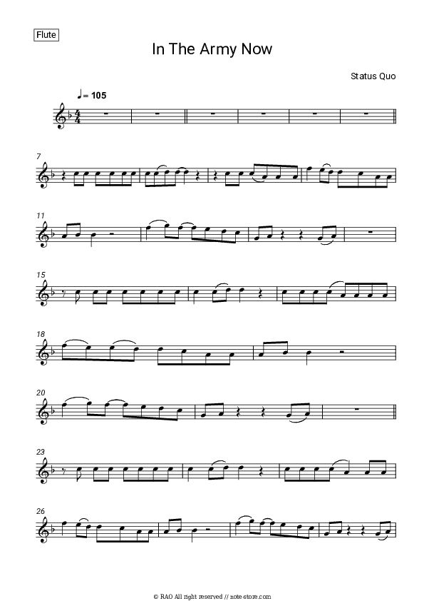 In The Army Now - Status Quo Flute Sheet Music - Flute