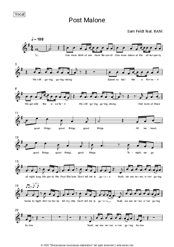 Post Malone - Sam Feldt, RANI Vocal Sheet Music - Vocal