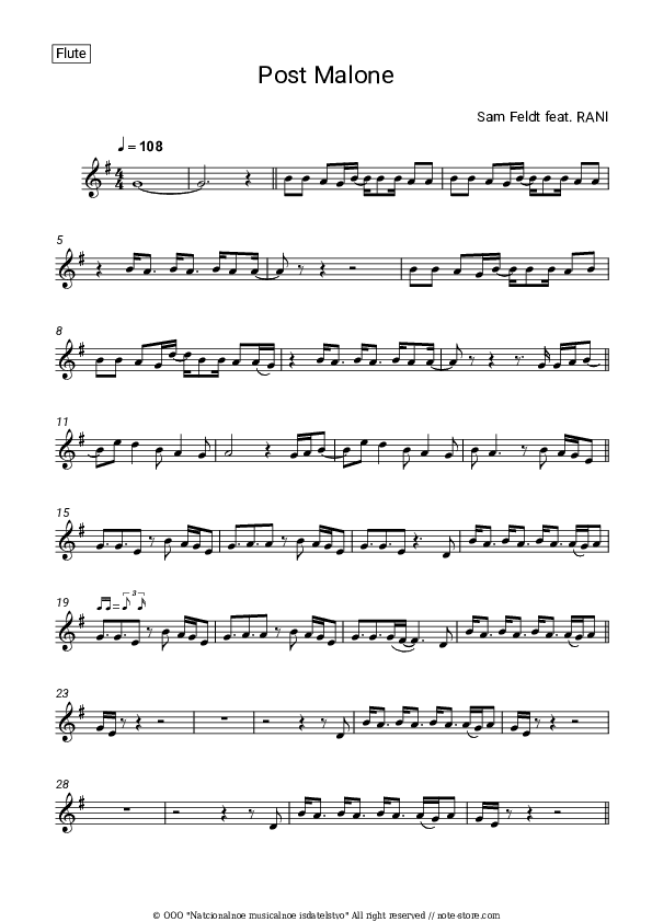 Post Malone - Sam Feldt, RANI Flute Sheet Music - Flute