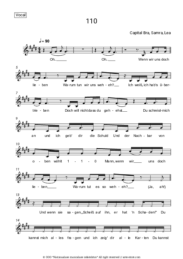 110 - Capital Bra, Samra, LEA Vocal Sheet Music - Vocal