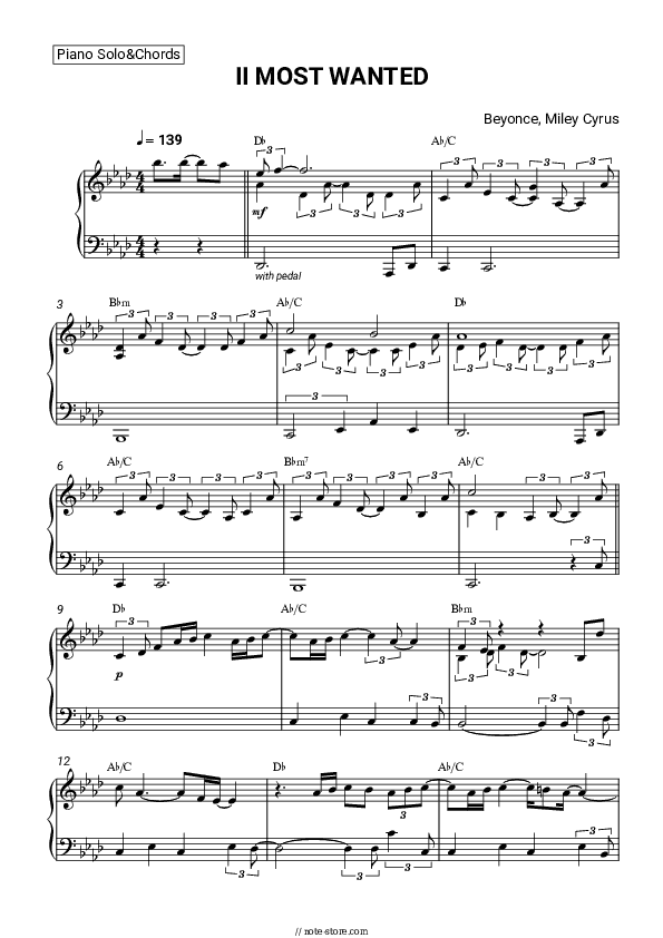 II MOST WANTED - Beyonce, Miley Cyrus Piano Sheet Music and Chords - Piano.Solo&Chords