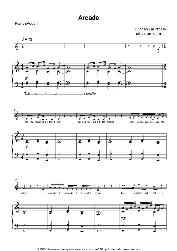 Arcade - Duncan Laurence Piano Sheet Music with the Voice part - Piano&Vocal