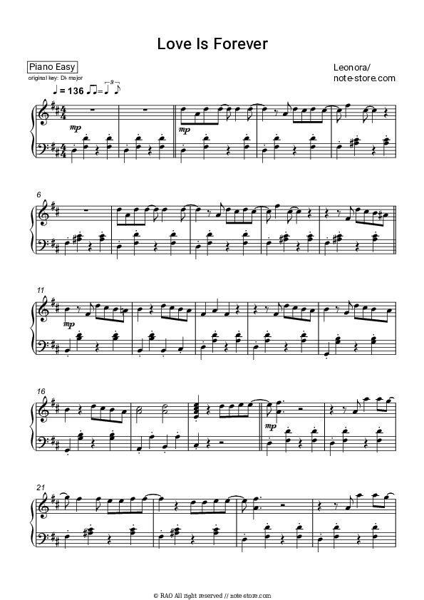 Love Is Forever - Leonora Piano Sheet Music Easy - Piano.Easy