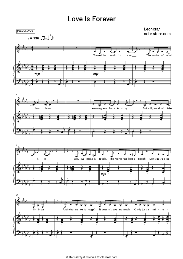 Love Is Forever - Leonora Piano Sheet Music with the Voice part - Piano&Vocal