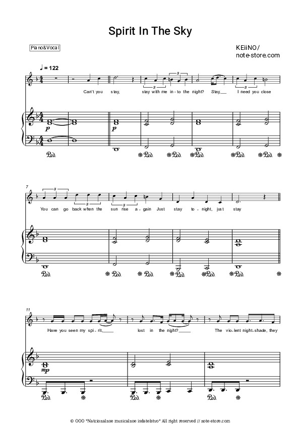 Spirit in the Sky - KEiiNO Piano Sheet Music with the Voice part - Piano&Vocal