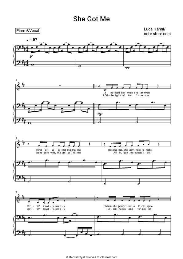 She Got Me - Luca Hänni Piano Sheet Music with the Voice part - Piano&Vocal