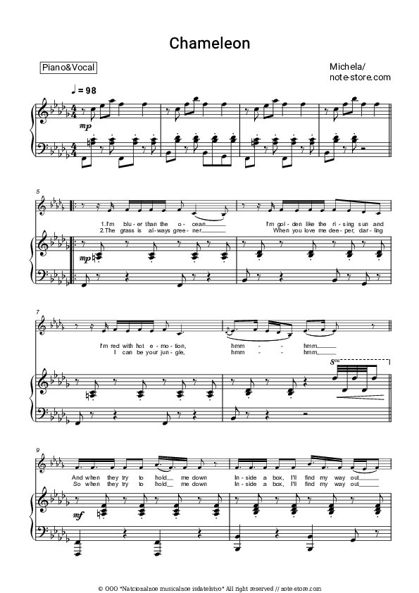 Chameleon - Michela Pace Piano Sheet Music with the Voice part - Piano&Vocal