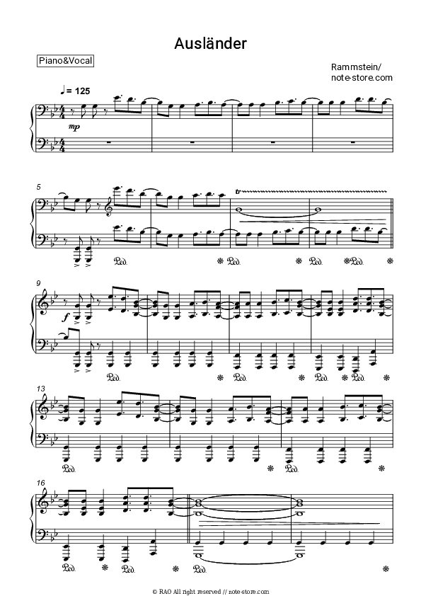 Ausländer - Rammstein Piano Sheet Music with the Voice part - Piano&Vocal