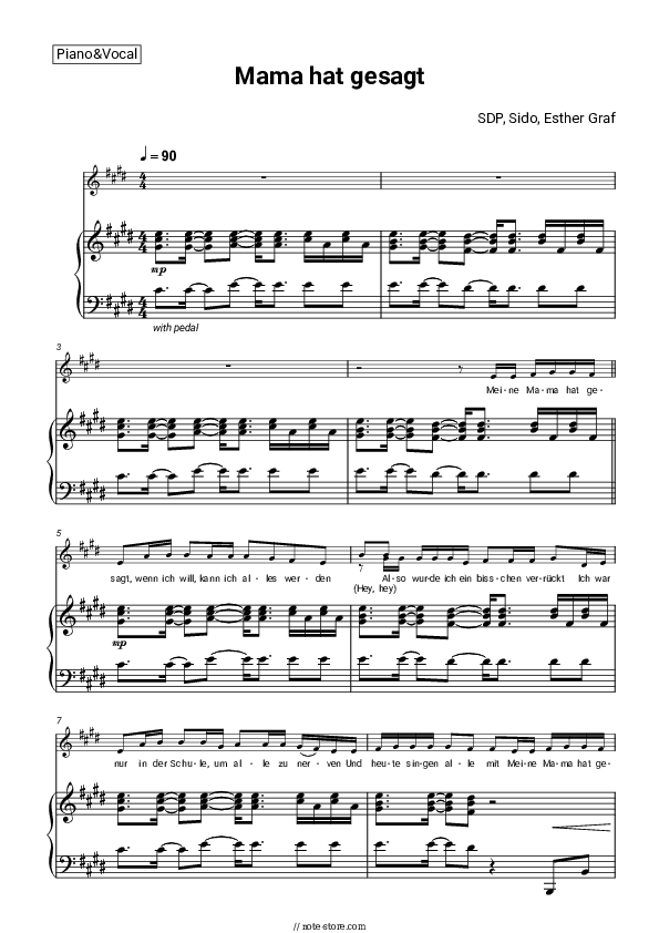 Mama hat gesagt - SDP, Sido, Esther Graf Piano Sheet Music with the Voice part - Piano&Vocal