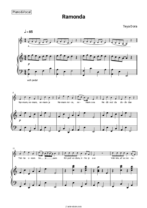 Ramonda - Teya Dora Piano Sheet Music with the Voice part - Piano&Vocal