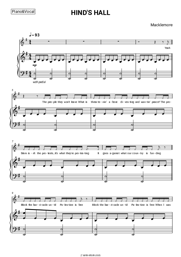 HIND'S HALL - Macklemore Piano Sheet Music with the Voice part - Piano&Vocal