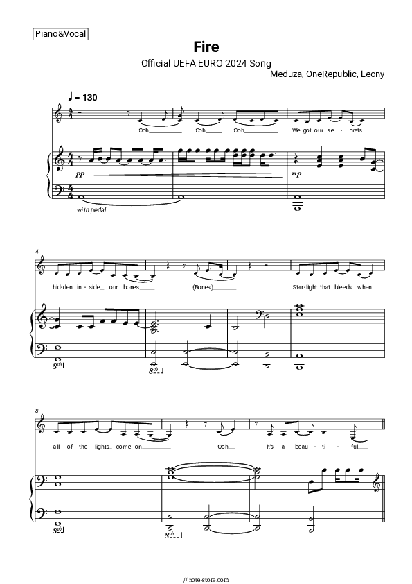 Fire (Official UEFA EURO 2024 Song) - Meduza, OneRepublic, Leony Piano Sheet Music with the Voice part - Piano&Vocal