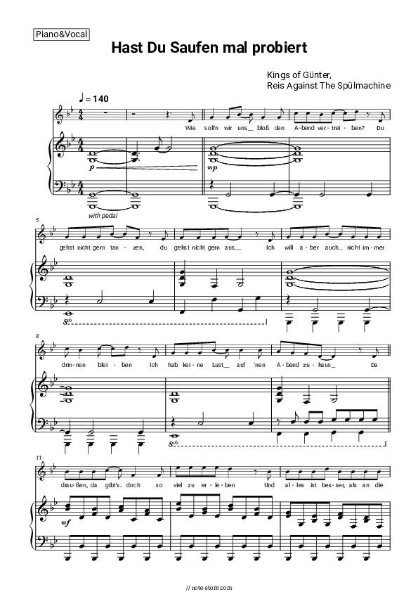 Hast Du Saufen mal probiert - Kings of Günter, Reis Against The Spülmachine Piano Sheet Music with the Voice part - Piano&Vocal