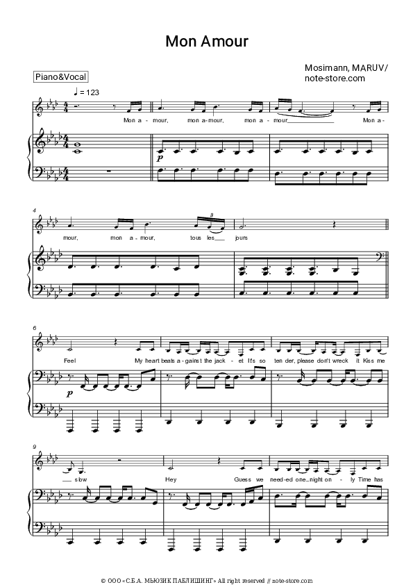 Mon amour - MARUV, Mosimann Piano Sheet Music with the Voice part - Piano&Vocal