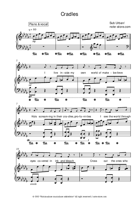 Cradles - Sub Urban Piano Sheet Music with the Voice part - Piano&Vocal