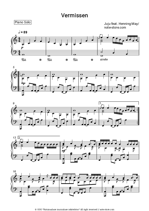 Vermissen - Juju, Henning May Piano Sheet Music - Piano.Solo