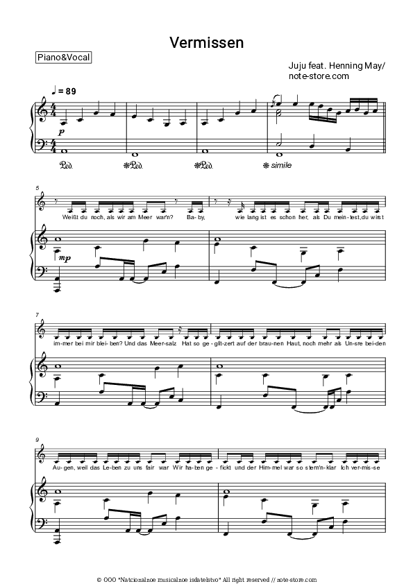 Vermissen - Juju, Henning May Piano Sheet Music with the Voice part - Piano&Vocal