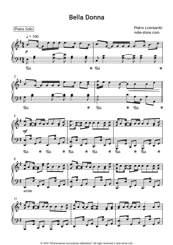 Bella Donna - Pietro Lombardi Piano Sheet Music - Piano.Solo