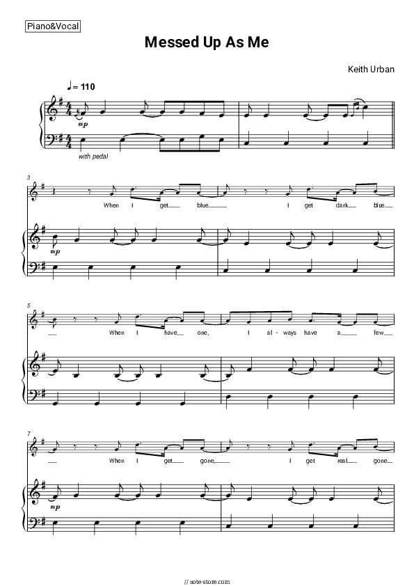 Messed Up As Me - Keith Urban Piano Sheet Music with the Voice part - Piano&Vocal