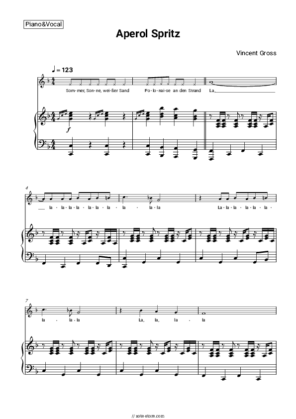 Aperol Spritz - Vincent Gross Piano Sheet Music with the Voice part - Piano&Vocal