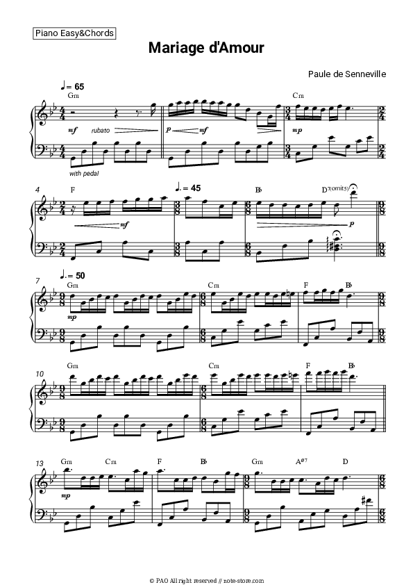 Mariage D'Amour - Richard Clayderman Sheet Music Easy and Chords - Piano.Easy&Chords